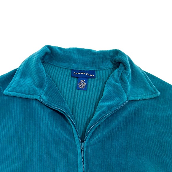 Charter Club Vintage Y2K Teal Blue Velour Ribbed Zip Up Jacket, Size Small - Picture 4 of 11